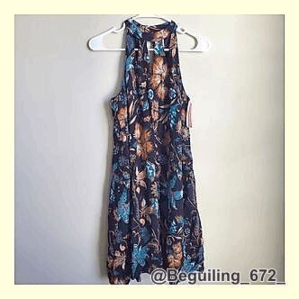 👗👜🌈💕 NWT Xhilaration Size M Navy Blue Orange Teal Floral Flowy High Neck Lin